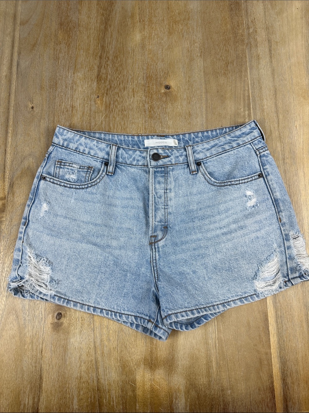 Hidden Light Wash Button Fly Distressed Denim Short
